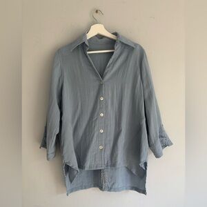 Fridaze 100% Linen Button Down Shirt Light Blue Small